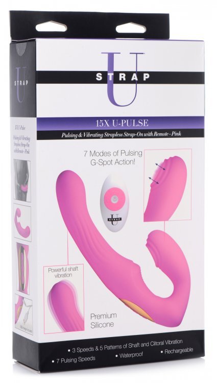 Strap Ons 15X U-Pulse Silicone Pulsating and Vibrating Strapless Strap-on with Remote - Pink   