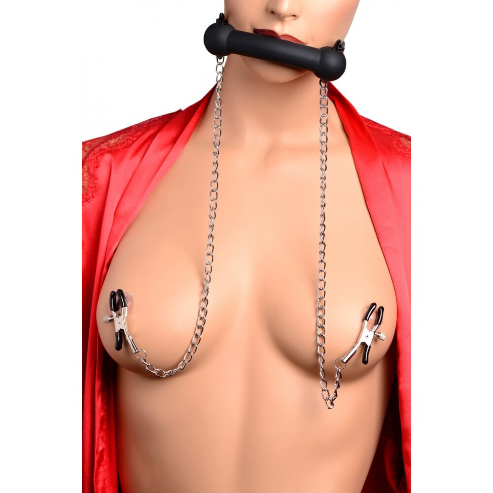 > Bondage Gear > Gags and Bits XR Silicone Bit Gag with Nipple Clamps   