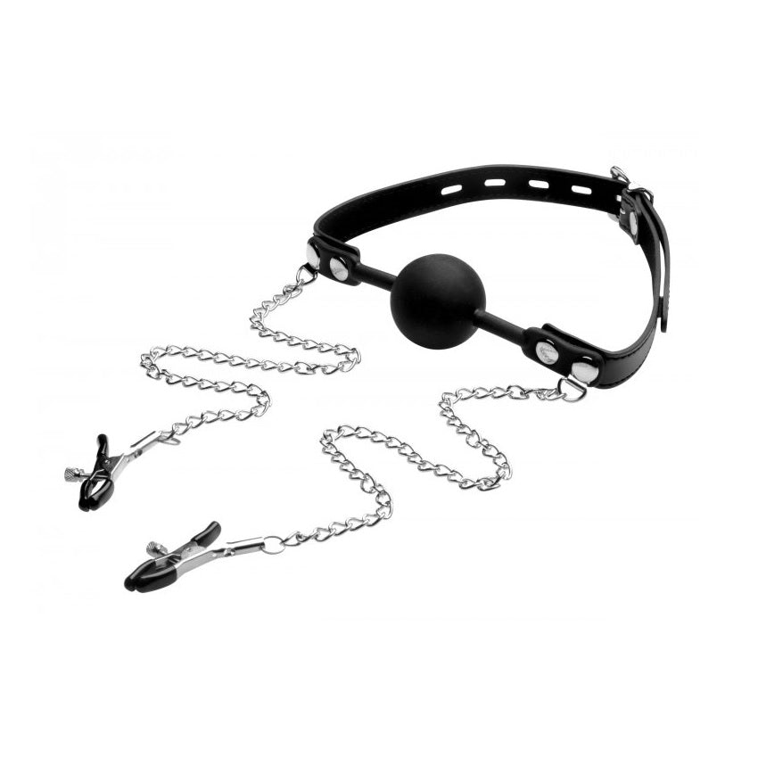 Nipple Play Strict Silicone Ball Gag With Nipple Clamps   