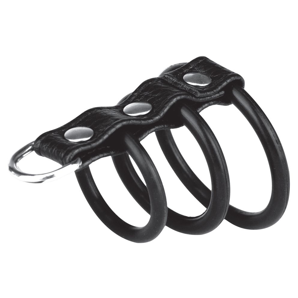 Adjustable Cock Rings Blue Line 3 Ring Gates Of Hell With Leash Lead Black   