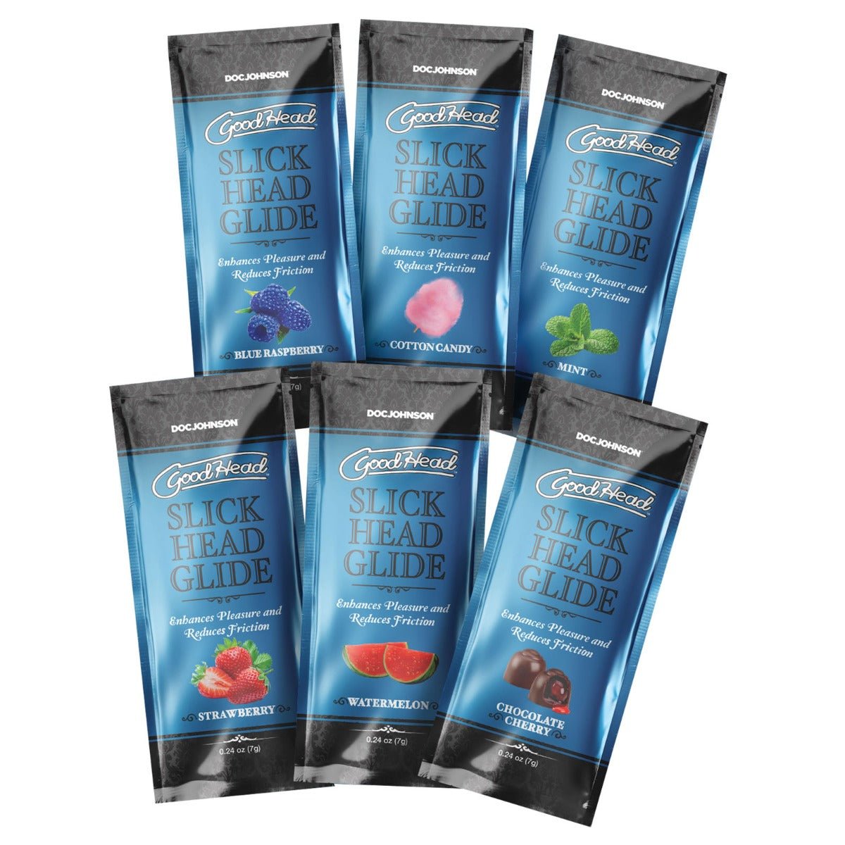 Flavoured Lube GoodHead Slick - 6 Pack - Blue Raspberry  Cotton Candy  Mint  Strawberry  Watermelon  Chocolate Cherry   