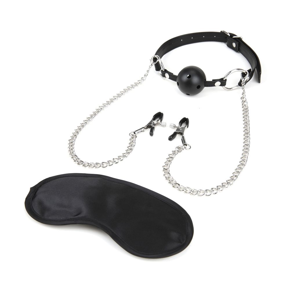 Nipple Play Lux Fetish Breathable Ball Gag with nipple Chain Black   